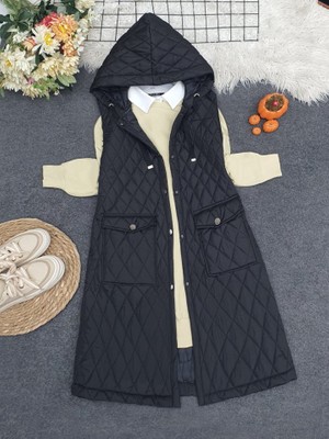 Queene Dreams Kapaklı Cepli Kapitone Yelek -Siyah