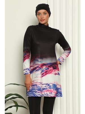 Tam Tesettür Dijital Desenli Mayo Siyah