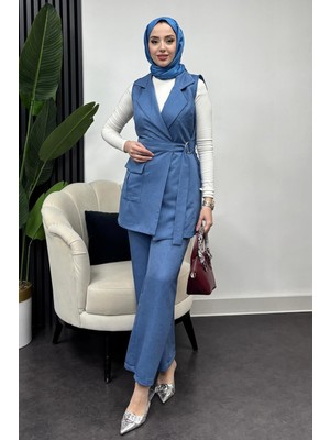 Tesettür Diyarı  Kadın Cepli Bağlamalı Takım-Indigo