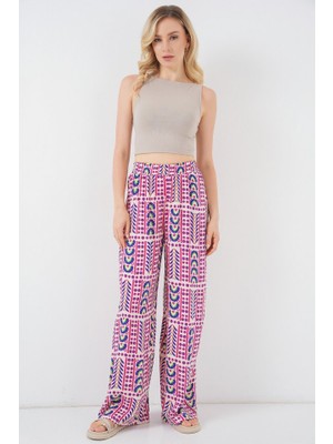 Queene Dreams Desenli Viskon Pantolon 6749 - Fuşya