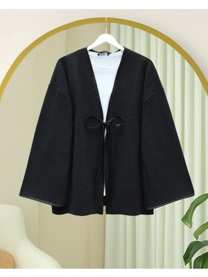 Queene Dreams Önü Bağlamalı Deri Detaylı Salaş Kimono  -Siyah