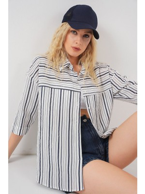 Queene Dreams Çizgili Kısa Kol Gömlek 20344 - A.lacivert