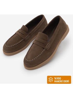 Marjin Kadın Hakiki Deri Ip Detaylı Makosen Loafer Günlük Ayakkabı Ginar Kahve Süet