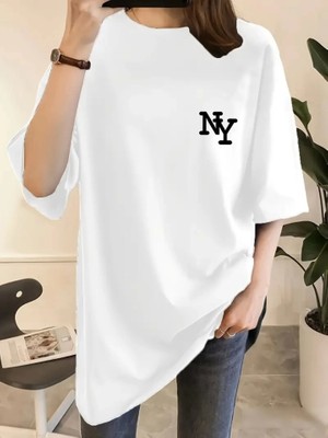 Queene Dreams Baskılı Oversize Bisiklet Yaka T-Shirt - Beyaz