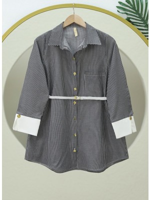 Queene Dreams Çizgili Beli Bağcıklı Düğmeli Gömlek -Siyah