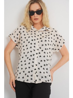 Queene Dreams Kısa Kol Desenli Gömlek 20310 - Krem