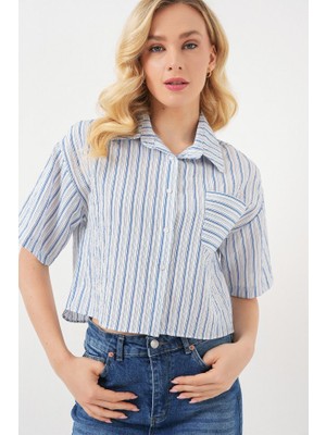 Queene Dreams Çizgili Crop Gömlek 20342 - Mavi