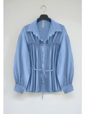 Queene Dreams Robadan Büzgülü Beli Bağcıklı Gömlek -Bebe Mavi