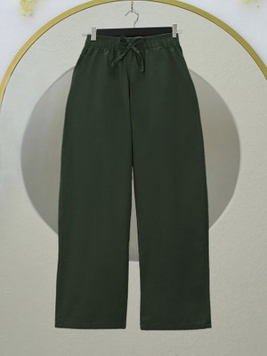 Queene Dreams Bağcık Detaylı Bol Paça Beli Lastikli Keten Pantolon -Haki