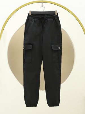 Queene Dreams Beli ve Paçası Lastikli Bağcıklı Kargo Kot Pantolon -Siyah