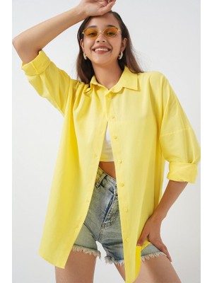 Queene Dreams 3900 Oversize Uzun Basic Gömlek - Sarı