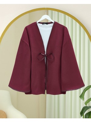 Queene Dreams Önü Bağlamalı Deri Detaylı Salaş Kimono  -Bordo