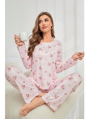 Queene Dreams Pembe Çiçek Desenli Bisiklet Yaka Pijama Takımı 7131