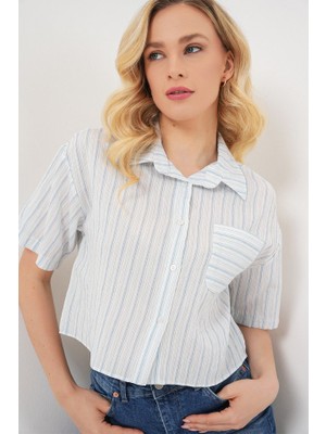 Queene Dreams Çizgili Crop Gömlek 20342 - Açık Mavi