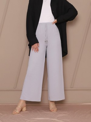 Queene Dreams Bağcık Detaylı Bol Paça Beli Lastikli Pantolon -Gri