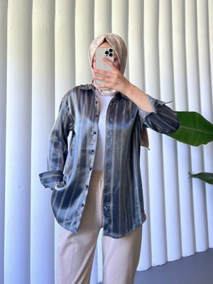 Queene Dreams Çizgili Janjanlı Gömlek -Indigo