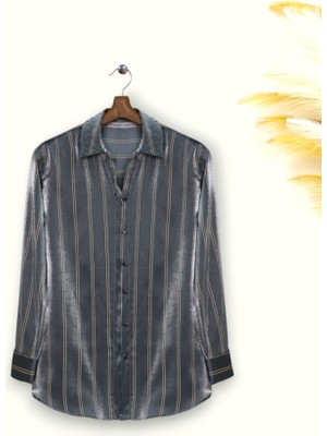 Queene Dreams Çizgili Janjanlı Gömlek -Antrasit