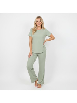 Bonbon Kadın Jakarlı Açık Yeşil Renk 3'lü Set Pijama Takımı BB2313