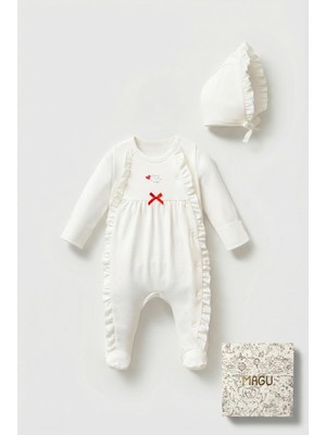 Magu Kız Bebek Pamuklu Ekru Fırfır Detaylı Tulum ve Şapka Seti - Yandan Çıtçıtlı
