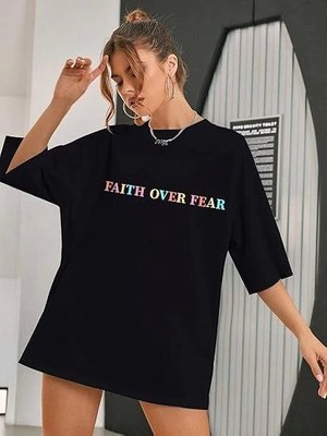 Queene Dreams Bisiklet Yaka Baskılı T-Shirt - Siyah