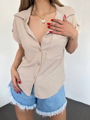 Queene Dreams Duble Kol Tek Cepli Bürümcük Gömlek  -Bej