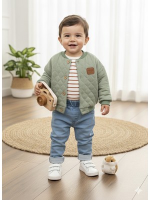 Lino Baby Şeritli Badi Likralı Kot Pantolon Kapitone Mevsimlik Mont 3lü Erkek Bebek Çocuk Takım