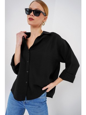 Queene Dreams Oversize Kısa Kol Gömlek 20315 - Siyah
