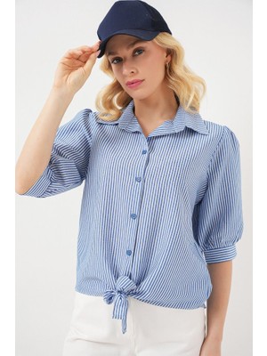 Queene Dreams Önü Bağlamalı Çizgili Gömlek 20323 - Lacivert