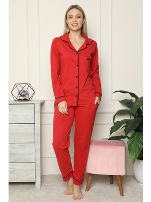 Kadın %100 Pamuk Penye Önden Düğmeli Uzun Kol Pijama Takım Kırmızı