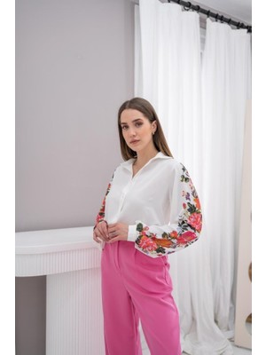 Queene Dreams Beyaz Kolu Çiçekli Gömlek
