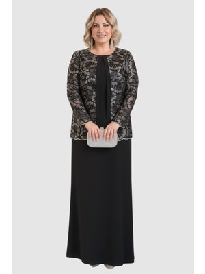 Lilas Xxl Kadın Büyük Beden Sabit Ceket Detaylı Krep Kumaş Uzun Abiye Elbise 2605 Siyah