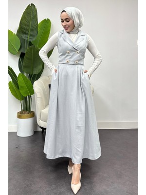 Tesettür Diyarı Kadın Dört Düğmeli Yelekli Takım -Gri