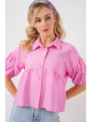 Queene Dreams Kısa Kol Crop Gömlek 20335 - Pudra
