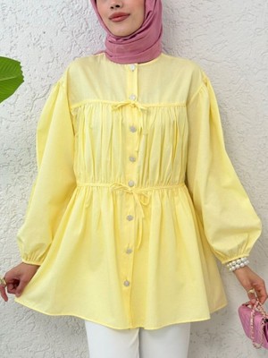 Queene Dreams Taşlı Düğmeli Kolu Lastikli Bağlama Detaylı Gömlek -Sarı