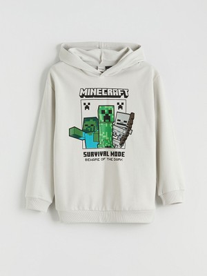 Lcw Bej Kapüşonlu Minecraft Baskılı Erkek Çocuk Kalın Sweatshirt