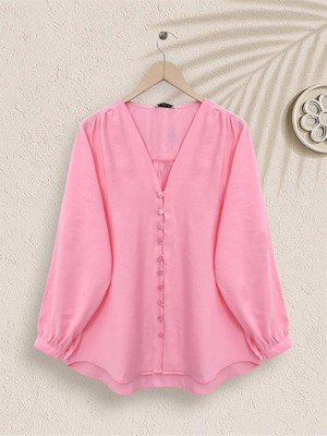 Queene Dreams V Yaka Düğmeli Arkası Uzun Gömlek -Pembe