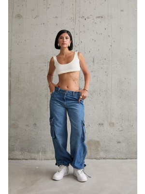 Queene Dreams Mavi Yan Cepli Jeans Pantolon