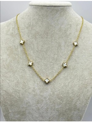 Gold Renkli Beyaz Yonca Figürlü Çelik Kolye