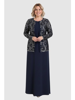 Lilas Xxl Kadın Büyük Beden Sabit Ceket Detaylı Krep Kumaş Uzun Abiye Elbise 2605 Lacivert