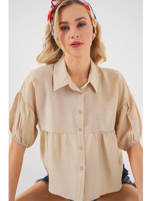 Queene Dreams Kısa Kol Crop Gömlek 20335 - Bej