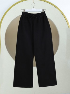 Queene Dreams Bol Paça Beli Lastikli Bağcık Detaylı Keten Pantolon-Siyah