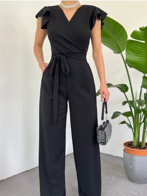 Queene Dreams Fermuar Detaylı Fırfırlı Tulum -Siyah