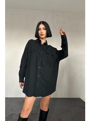 Queene Dreams Siyah Çift Cep Kapaklı Çıtçıtlı Gömlek