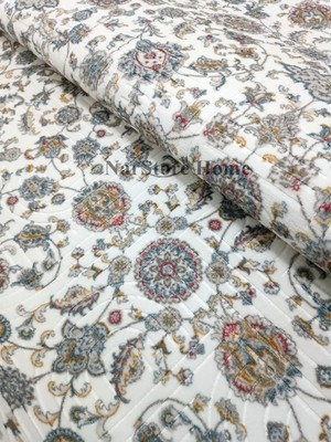 NarStore Home Çiçekli Otantik Desen Mavi Krem Kaymaz Taban Yıkanabilir Kesme Yolluk Halı
