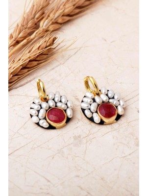 Sümer Telkari 4 Farklı Doğal Taş Seçenekli Altın Yaldızlı İncili 925 Ayar Gümüş Halka Küpe 7413