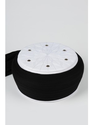 Sarıkhane Talebe Sarığı - Siyah Kumaş - Beyaz Takke - Yuvarlak Sarım - Kuş Gözü - 5 Metre (Züabeli)