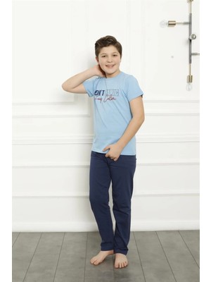 Erkek Çocuk Pamuk Kısa Kollu Pijama Takımı Mavi