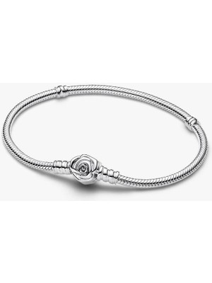 Pandora Açan Gül Klipsli Yılan Zinciri Bileklik 925 Ayar Gümüş