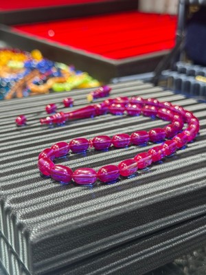 Septemmart Mor Yansımalı Ateş Kehribar Tesbih 7X11 mm Basic Kesim Usta Işçilik