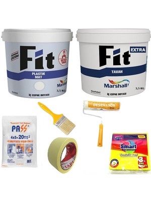 Marshall Fit Plastik İç Cephe Boyası 3.5 kg + Fit Extra Tavan Boyası 3.5 kg + 5 Parça Boyama Seti